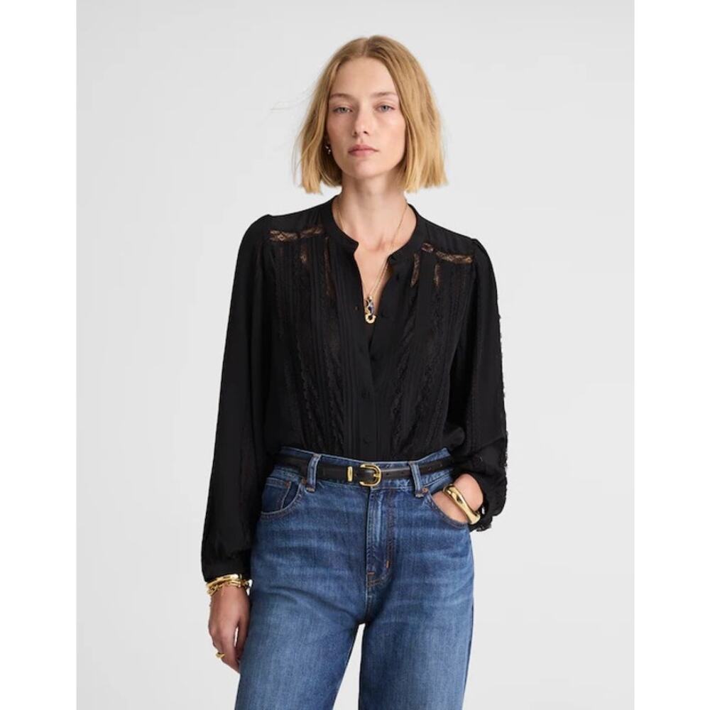 $168 New Madewell Lace-Insert Button-Up Long-Sleeve Top - Small - Black